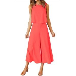 Roylamp Womens NEON Coral Orange 2 Piece Set Crop Top Wide Leg Pants Size M NEW